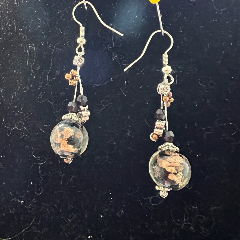 Vintage murano glass infused with silver and gold foil jat AB crystals earrings